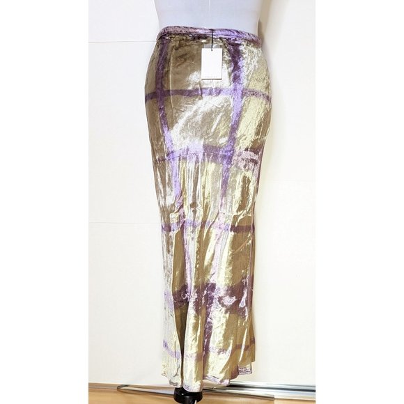 Collina Strada Yod Maxi Skirt Silver Grid Velvet L NEW $405 Bias Cut Midi - Picture 3 of 12